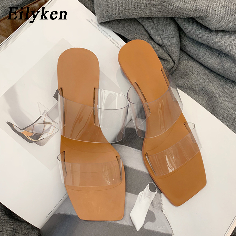 Eilyken 2020 nya kvinnor tofflor sommar kristallklackade kvinnor strand tofflor transparenta pvc sandaler kvadratiska tå storlek storlek 41 42 43