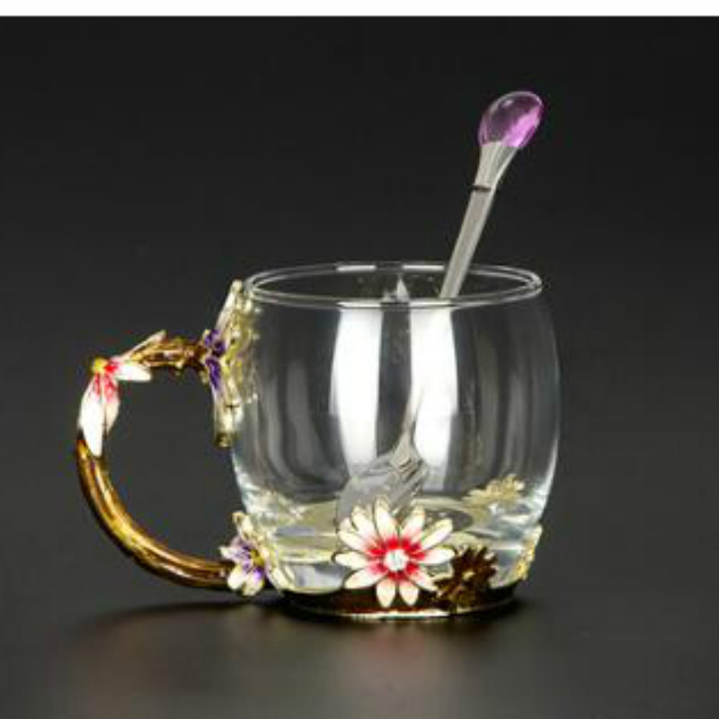 Luksus emalje kaffekop krus blomst te glas kopper til og kolde drikke te kop ske sæt perfekt bryllup wjb 41614: A1