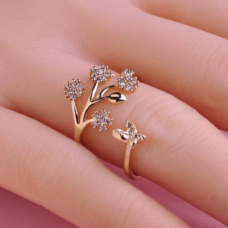 Luxury Crystal Butterfly Tree Leaf Wedding Rings for Women Engagement Jewelry White Crystal Open Adjustable Finger Ring