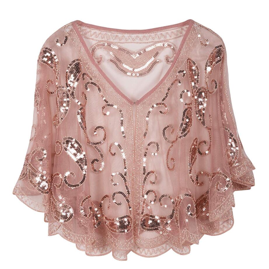 JaneVini paillettes scintillantes Capes de soirée pour femmes or noir perles fête de mariage enveloppes de mariée Boleros manteau étoles Cape de mariée: Rose