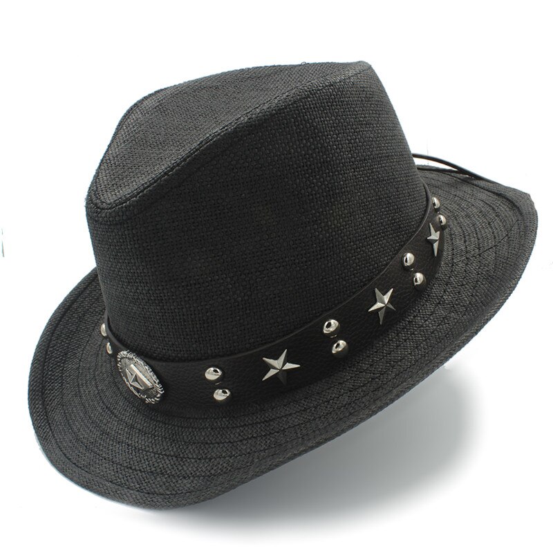 Naiset miehet olki western cowboy hattu kesäksi cowboy cowgirl aurinkohattu sombrero caps punk vyö hyvä pakkauskoko 58cm: Musta