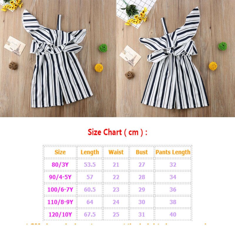 Children Overalls Girl Off Shoulder Ruffled Striped Jumpsuits One Piece Romper Oblique Collar Playsuits for Kids Clothes 3-10Y