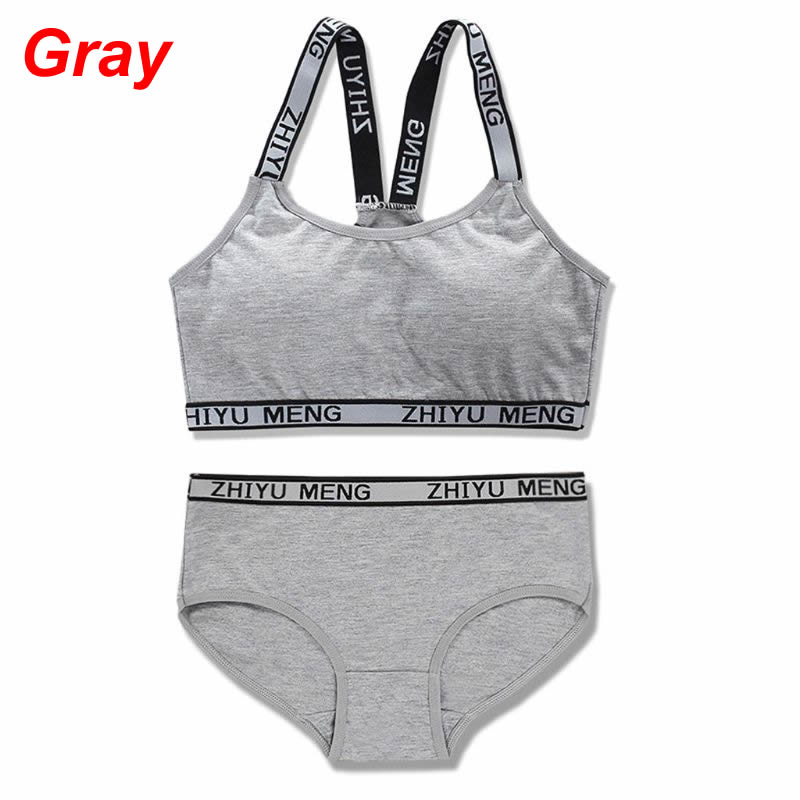 Teen Girls Underwear Soft Padded Cotton Letter Print Bra Set for Young Girls for Yoga Sports Running Free Size: Gray