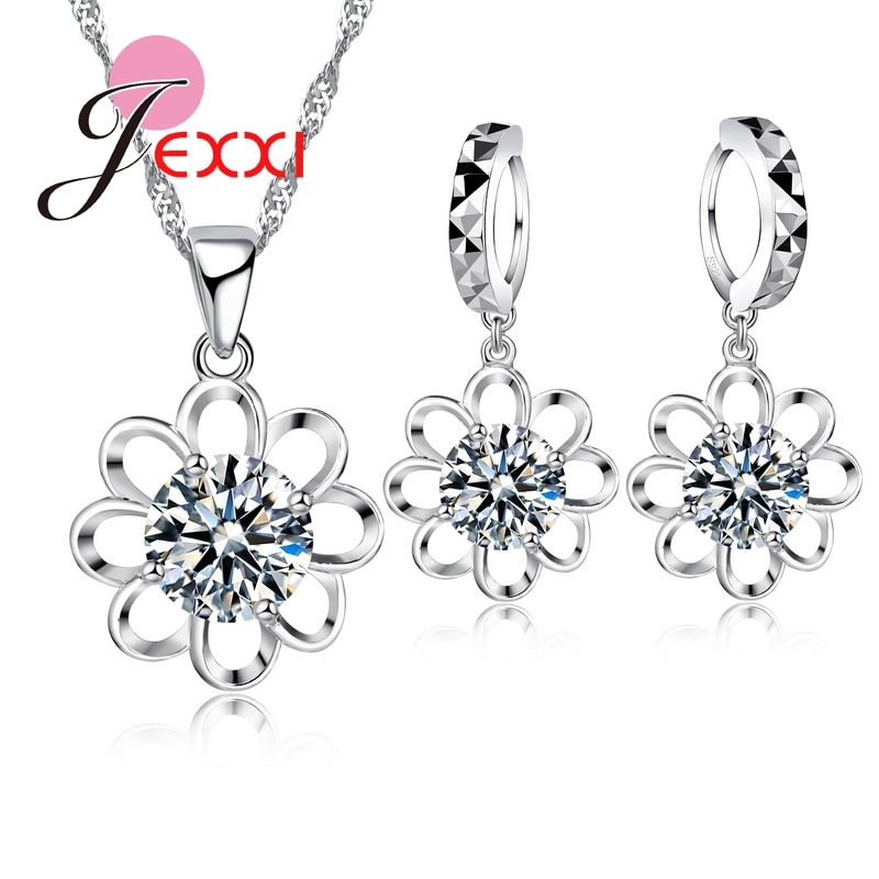 Retro Style Hollow Out Flower Ketting Oorbellen Voor Wedding 925 Sterling Zilver Oostenrijkse Crystal Sieraden Sets Vrouwen