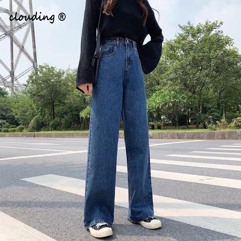Damejeans bomuld løs højtaljet #39 brede ben kvinder casual simple denimbukser med lynlås