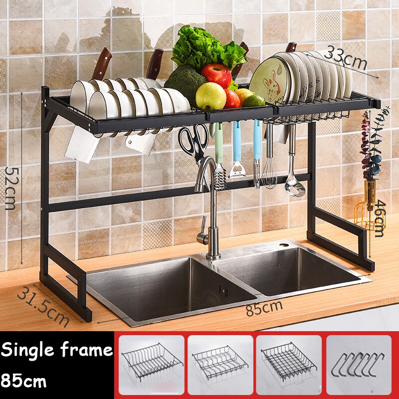 65/85cm opvaskestativ i rustfrit stål køkkenopbevaring tørrehylde bakke over vask redskabsholder afløb køkken arrangør: Enkelt ramme 85cm