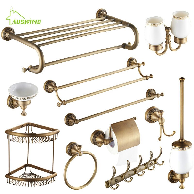 Antique Brushed Brass Bathroom Accessories Sets European Carving Bronze Bathroom Hardware Set Bathroom Products Rw2
