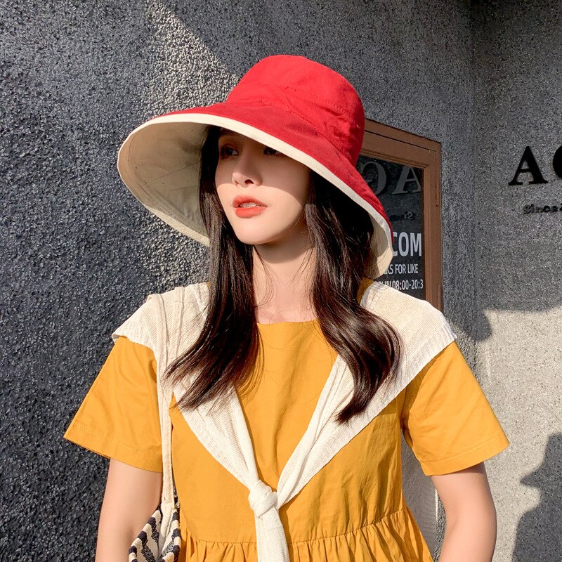 Women's Foldable Wide Brim Sun Hat Ladies Large Size Summer Beach Fisherman Cap Girls Casual Sun Protection Spring Hat: Red