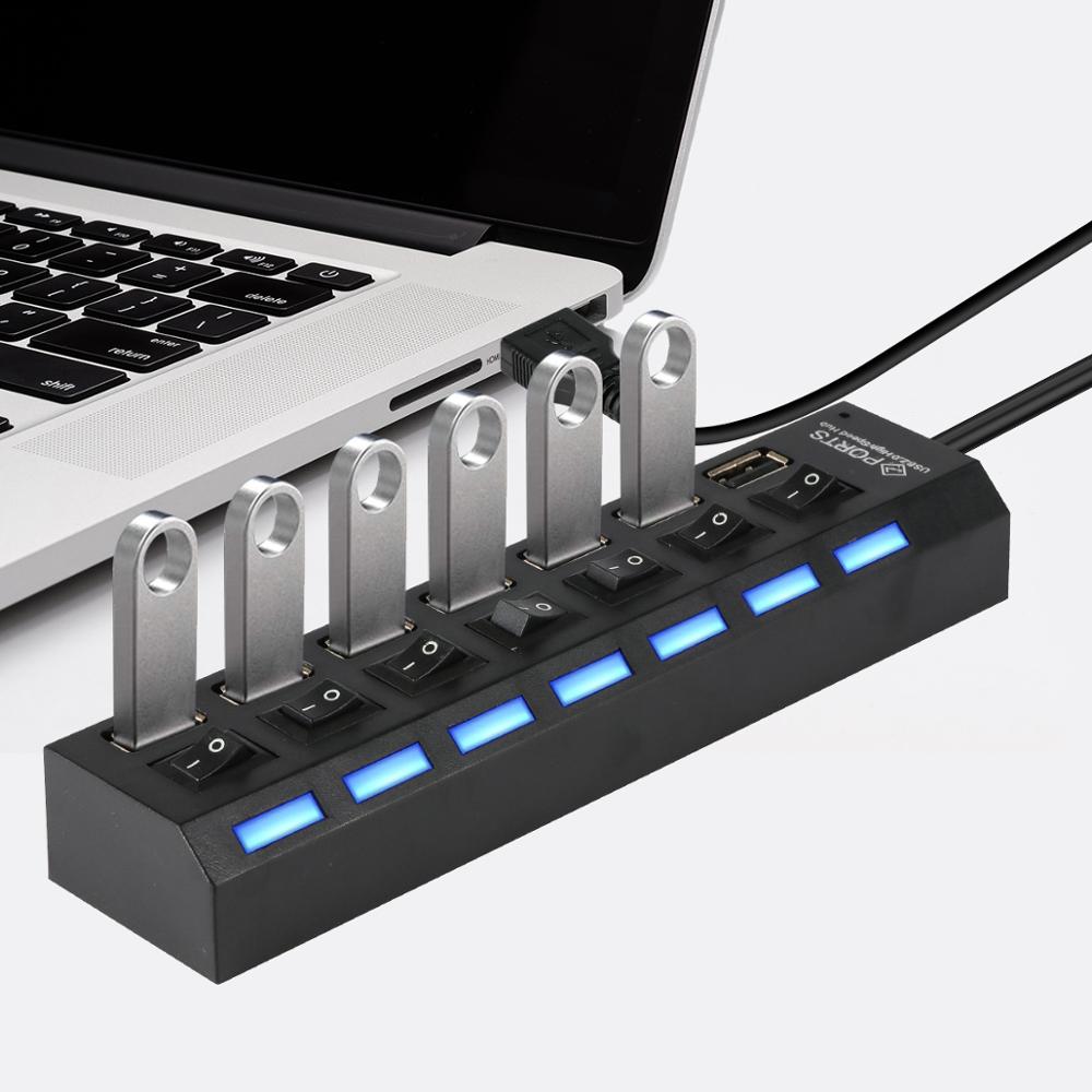 7 ports usb splitter usb 2.0 3.0 hub med strøm av/på bryter høyhastighets adapter kabel for pc bærbar datamaskin flere porter gt