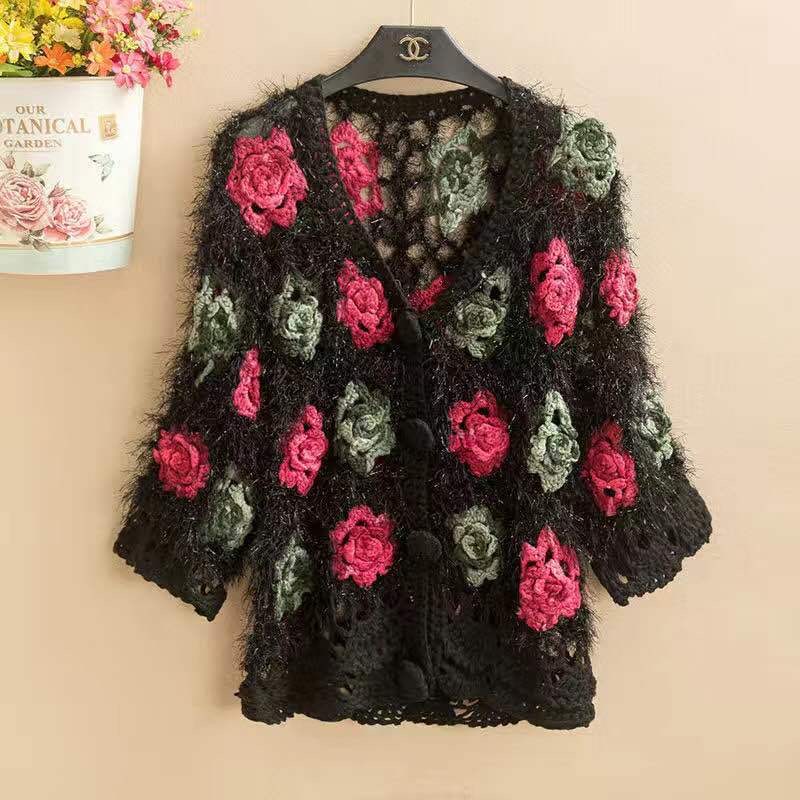 3d blomsterde damecardigans mohair hæklede cardigans til kvinder roseblomsttrøjer strikkede toppe: Mørkegrå