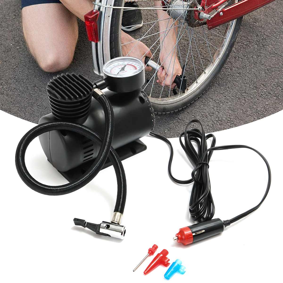300PSI Portable Mini 12V Air Compressor Auto Car Electric Bike Tire Inflator Pump with 2 Nozzle Adapters Bicycle Accessories