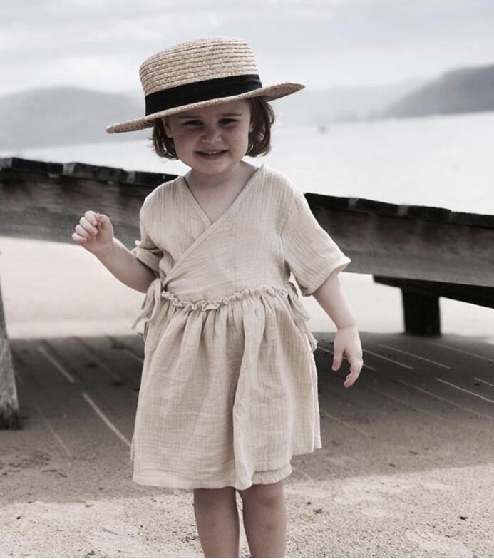 Ins Europa y América niños niñas vestido Casual ropa de lino volantes dulce princesa niños ropa