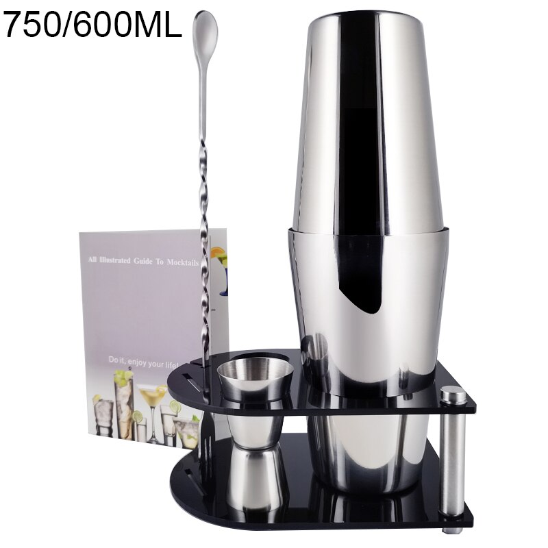 Stainless Steel Cocktail Shaker Set 550/750ml With 15/30ml Measuring Cup Jigger Kit Wine Spoon Strainer Muddler Bar Tools: 5P 750600ML Stand