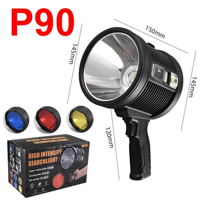 Projecteur Rechargeable, lampe de poche de chasse portative 1000,000 Lumens, Spot Led avec lumière Cob et panneaux solaires pour le Camping: RGB