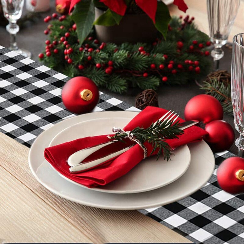 1 Pcs Geruite Tafelkleed Katoen Zwart En Wit Plaid &amp; 4 Stuks Placemat Tafel Mat Servies Plaat Placemat