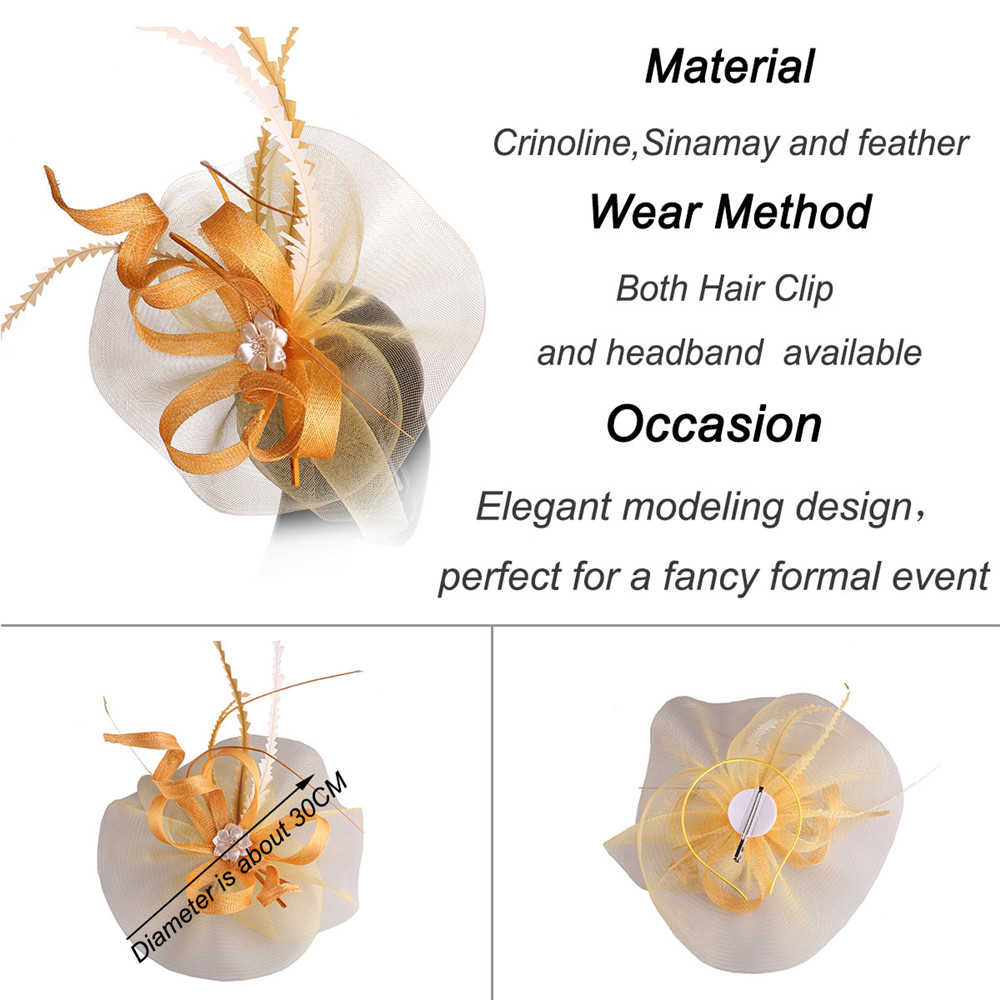 Women Sinamay Fascinators Hair Clip Wedding With Feather Nice Gold Hair Accessories Women Party Hat Wedding Headwear Hair Pins