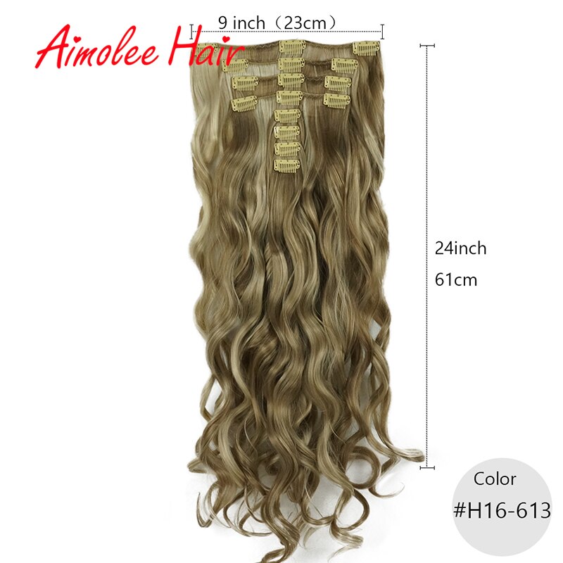 24 pulgadas 8 unids/set Natural largo ondulado rubia rojo destacar sintético postizo de Clip en extensiones de cabello 16 Clip de alta temperatura: H16-613