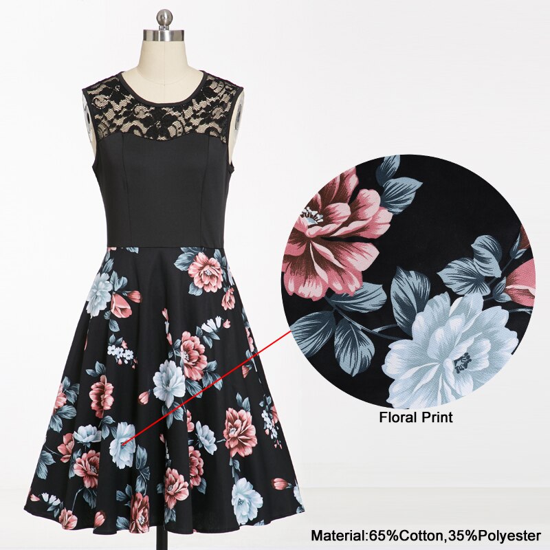 Tonval Black Floral Print Contrast Lace Sweetheart Dress Women Sleeveless A Line Party Skater Vintage Dresses