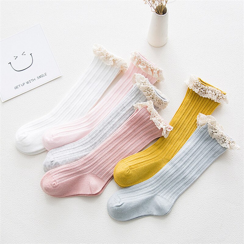 Calcetines hasta la rodilla con volantes de encaje para niños y niñas, medias largas y suaves de algodón, calentadores de piernas de 1 a 8 años, novedad
