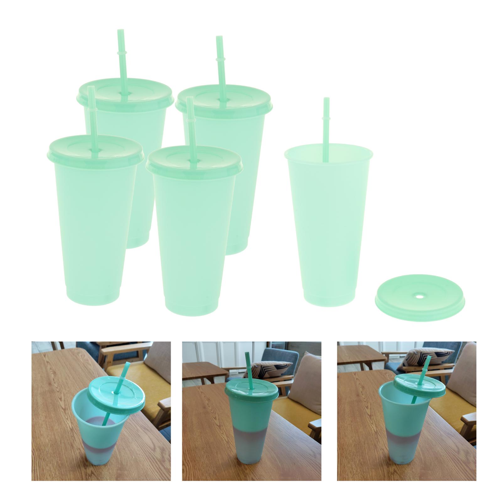 5 Pieces Reusable Thermochromic Color Changing Cup w/ Straw Lid Coffee Cup: Green