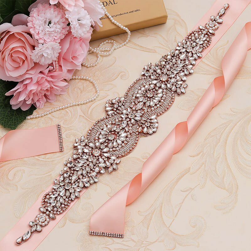 Ceinture pour robe de mariée en cristal Rose doré, accessoire de luxe fait à la main avec strass