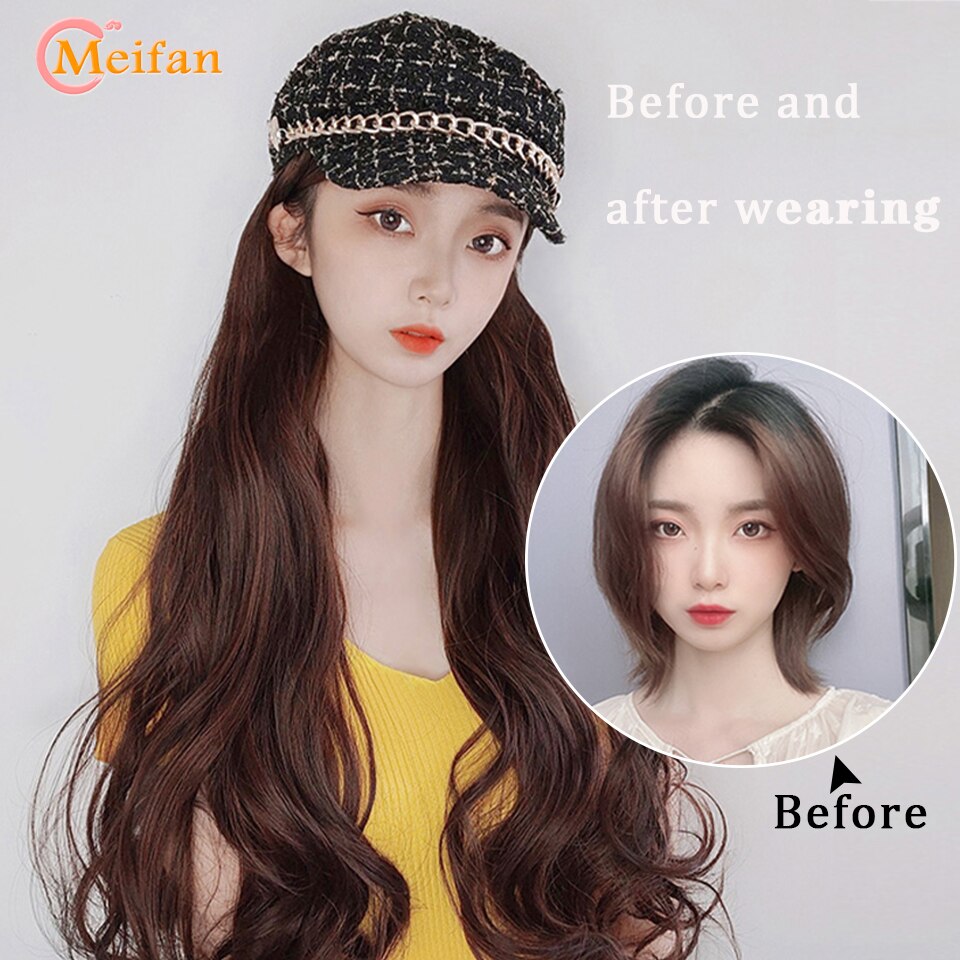 MEIFAN Synthetic Long Wavy Curly Beret Hat Wig Hair Extensions Travel Cadet Hat Retro Octagonal Beret Cap Party Wig