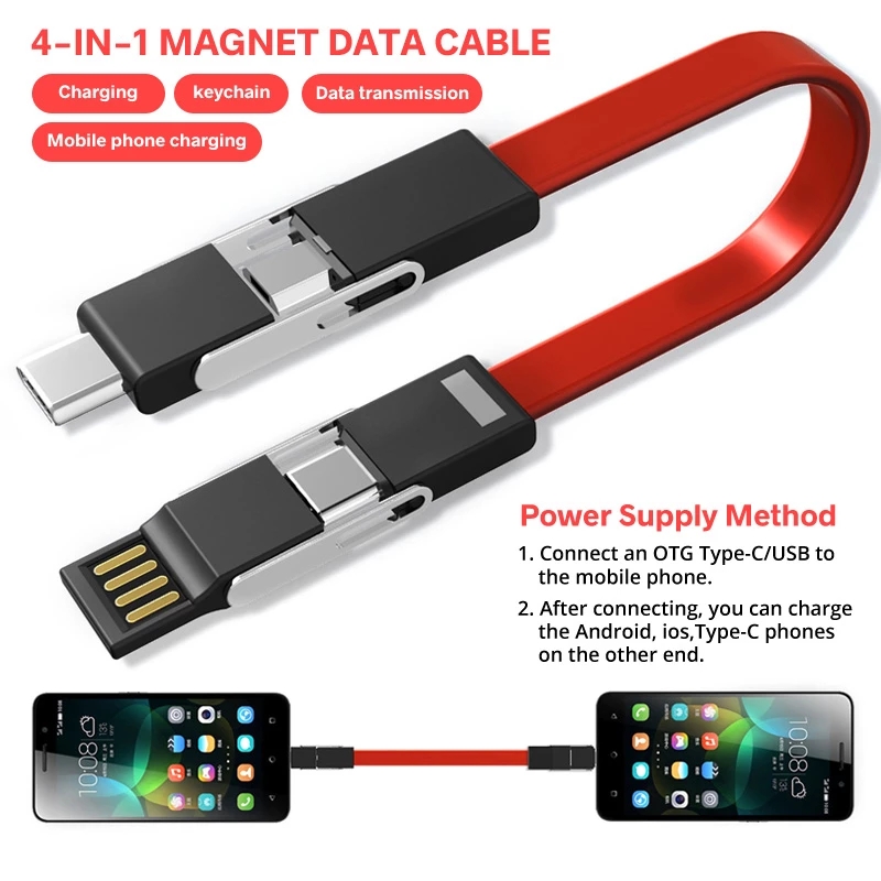 Porte-clés magnétique 4 en 1, câble Micro USB type-c à 8 broches pour recharge et données, cordon de chargeur Portable court pour iPhone et Android
