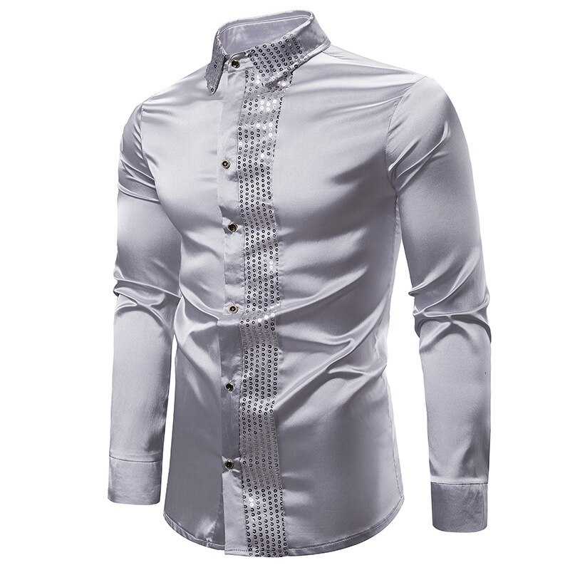 Timall 2020 herre silke sateng skinnende skjorter herre slim fit langermet paljett patchwork fest nattklubb bryllup skjorte s -2xl: Sølv / M bryst 106cm