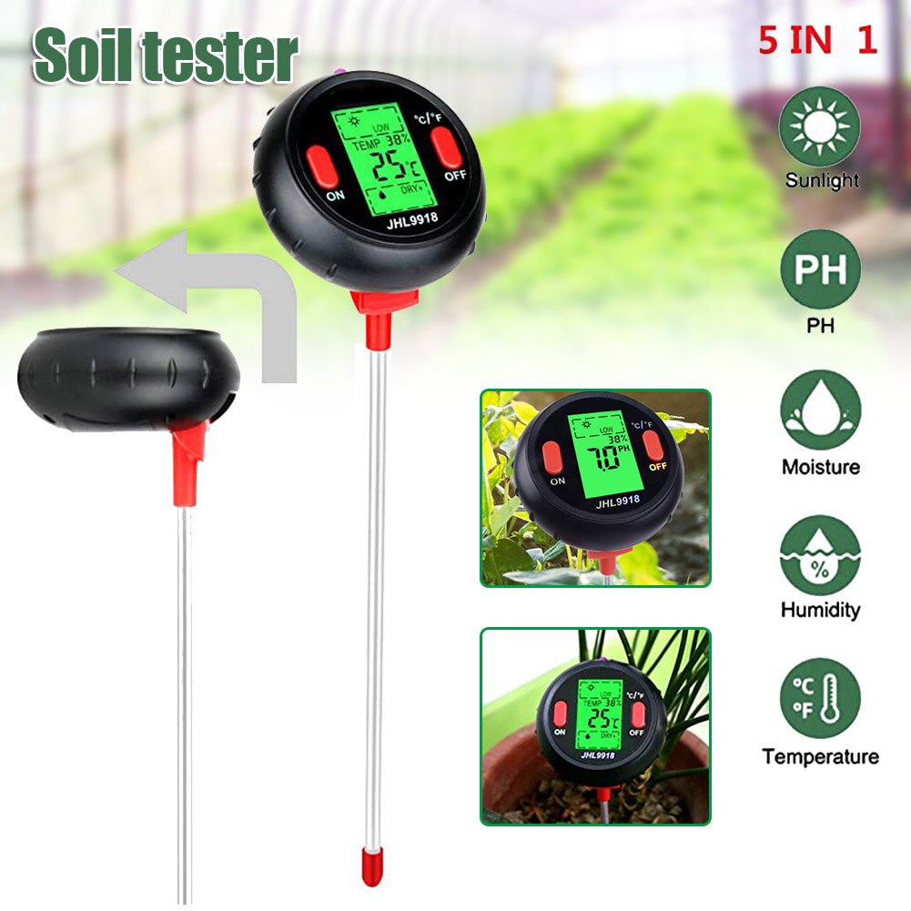 5 in 1 Soil Test Meter Digital Soil Moisture PH Temperature Light Tester LCD for Garden Lawn L5