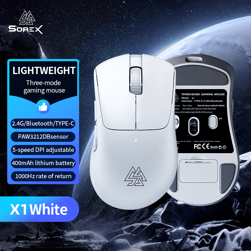 SOREX X1 RGB Light Advanced PC Tri-Mode Wireless Optical Gaming Mouse: WHITE