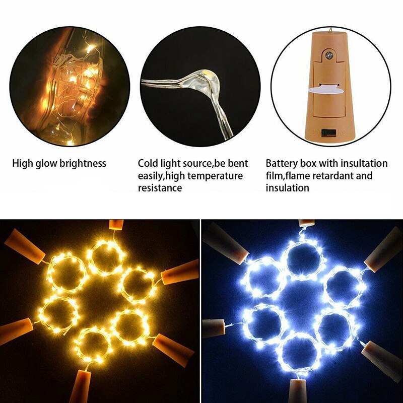 Cadena de luces led para botellas de vino con corcho, 20 luces led para botellas, batería de corcho para fiestas, bodas, navidad, halloween y decoración de bar.