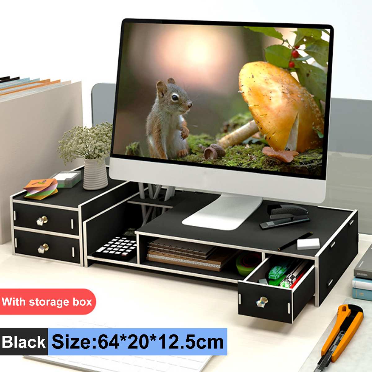 Ordinateur Moniteur Riser Socle De Bureau Étagère En Bois Plinthe Forte Support D'ordinateur Portable Support De Bureau Support De Moniteur Avec Boîte De Rangement organisateur: black