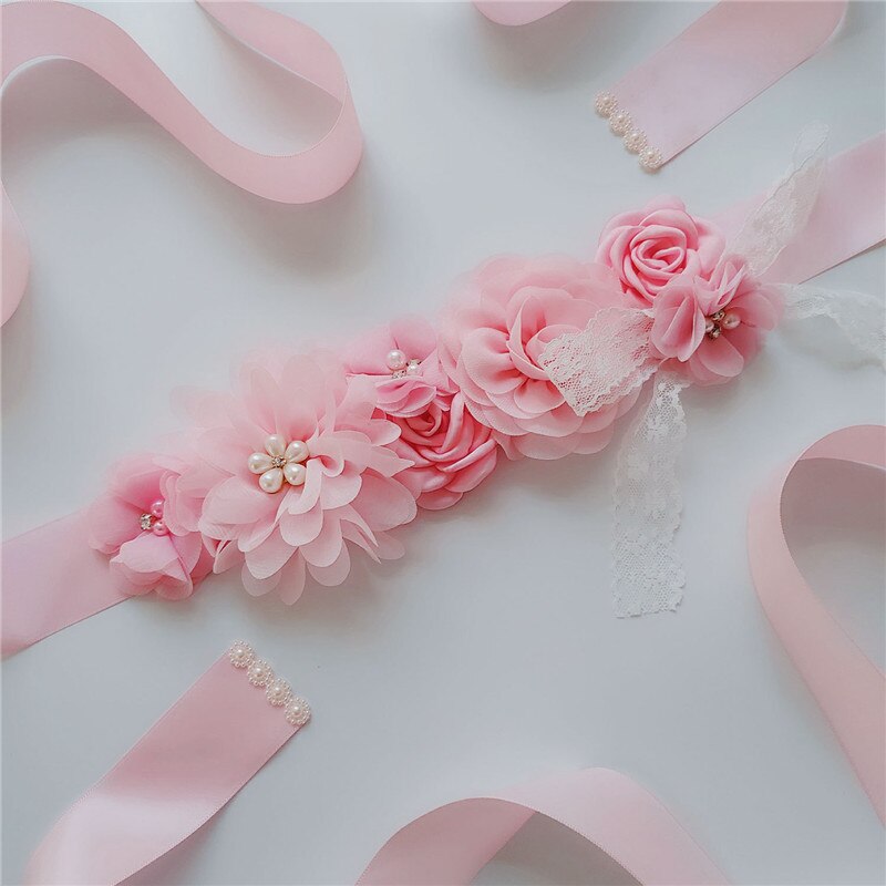 Nuevos y creativos cinturones finos y largos de seda, fajín de señora con flores de gasa, lazo de encaje, accesorios de boda y: Pink