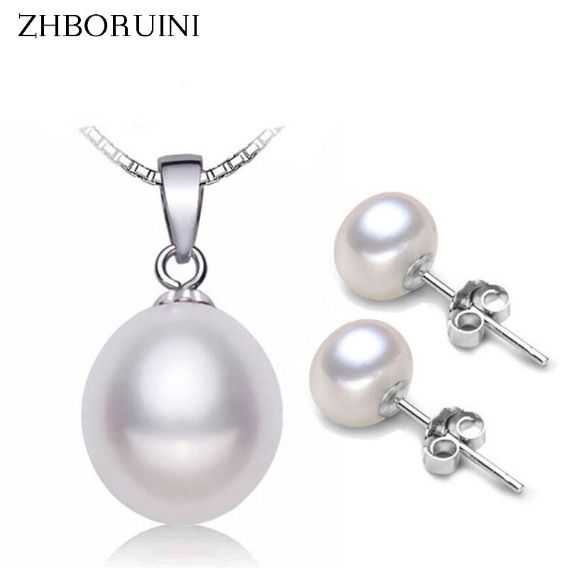 ZHBORUINI Mode Parel Sieraden Set Natuurlijke Zoetwater Parel Ketting Oorbellen 925 Sterling Zilveren Sieraden Set Voor Vrouwen