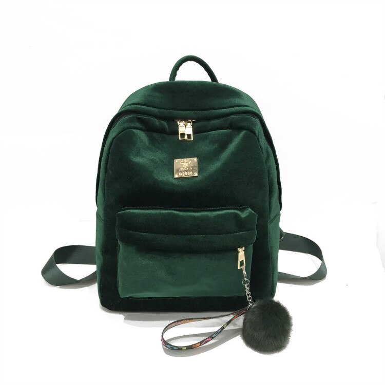 Women Backpack Velvet Ribbon Large School Bags for Teenage Girls Hairball College Backpack Bagpack Travel Bag Rucksack Mochila: Green