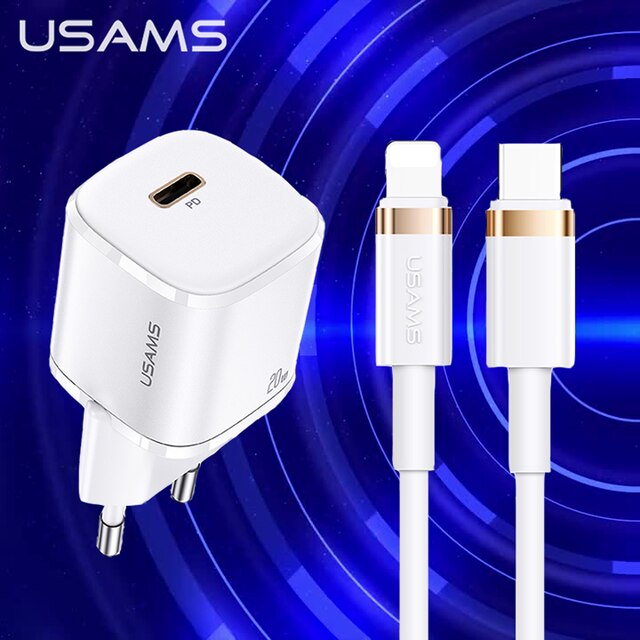 USAMS PD 20W Fast Charger +Type C To Lightning Cable Set For iPhone 12 12 Pro Max Mini QC4.0 QC3.0 Quick Charging Wall Charger: White set EU