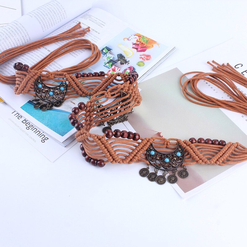 Jahrgang taille gürtel frauen verziert quaste geflochten Bohèmich Band mit seil für kleider knoten weibliche damen ceinture femme kette