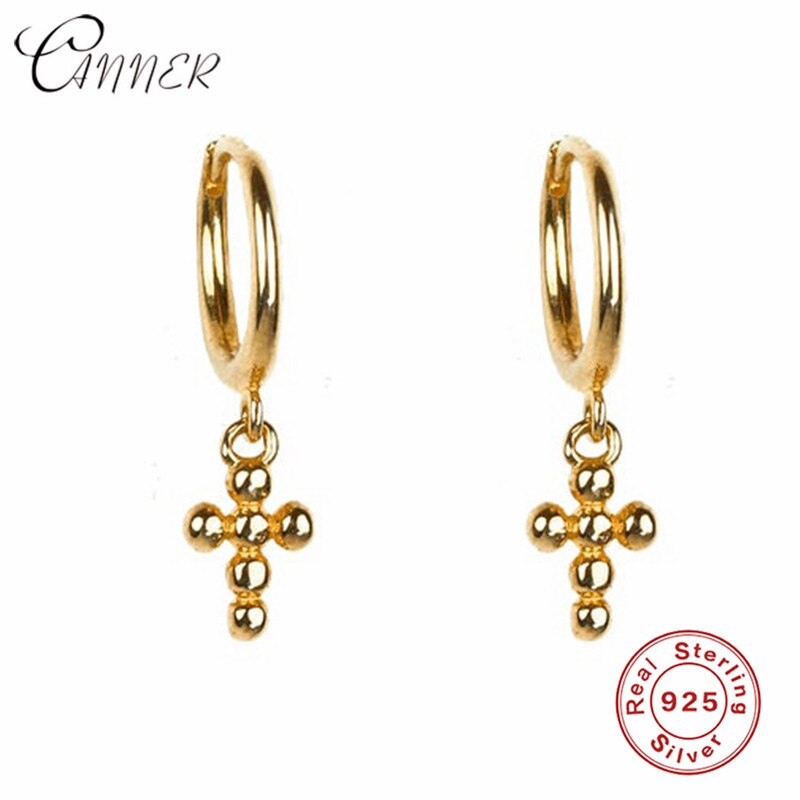 CANNER Minimalist 925 Sterling Silver Round Circle Earrings Cross Pendant Dangle Earrings For Women Ear Piercing Jewelry: Gold