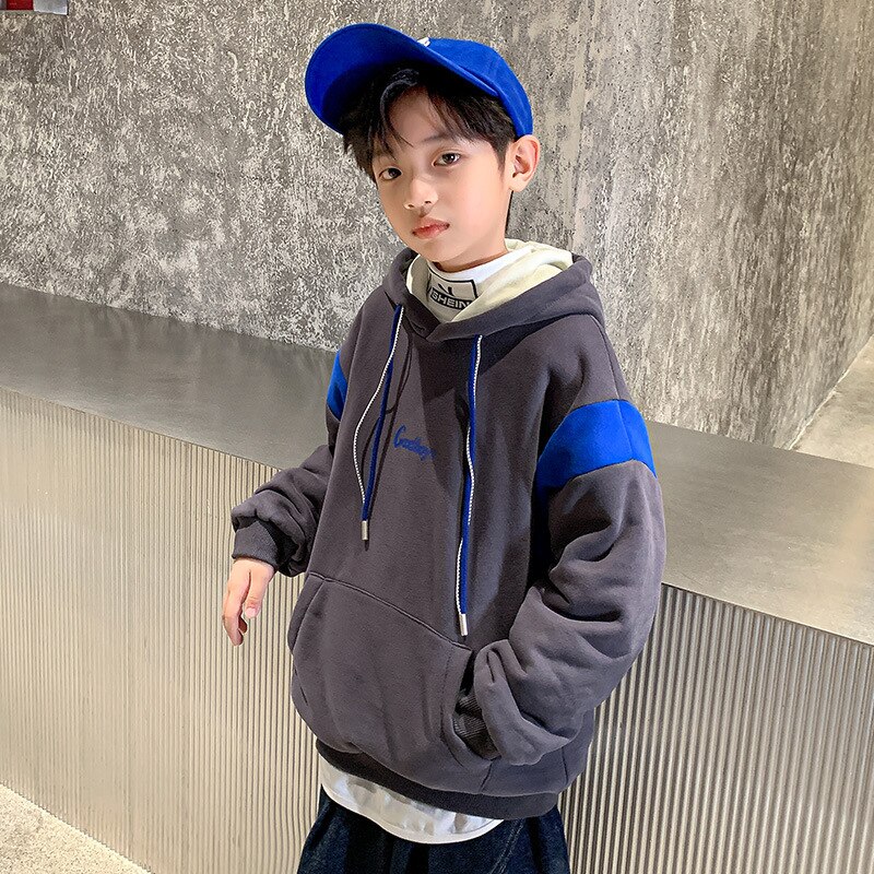 Dzieci jesień zima ciepłe najniższe topy dzieci chłopcy moda tendencja bluza z kapturem nastolatek plus aksamitna watowana bluza ubrania