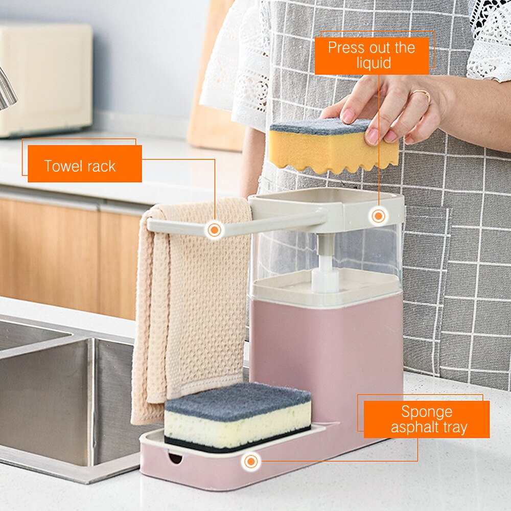 Multifunction Kitchen Detergent Liquid Storage Box Sink Dish Washing Sponge Rack Bathroom Manual Press Liquid Soap Dispenser