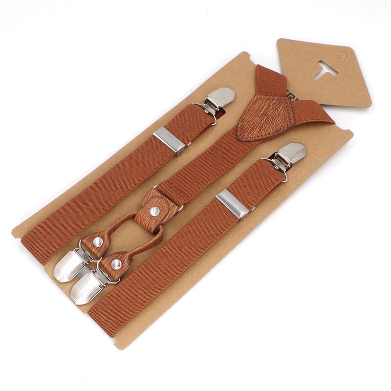 Kids Suspenders 4 Clips Leather Braces Kids Suspensorio Elastic Adjustable Tirantes Bretelles 2.5*75cm: light brown