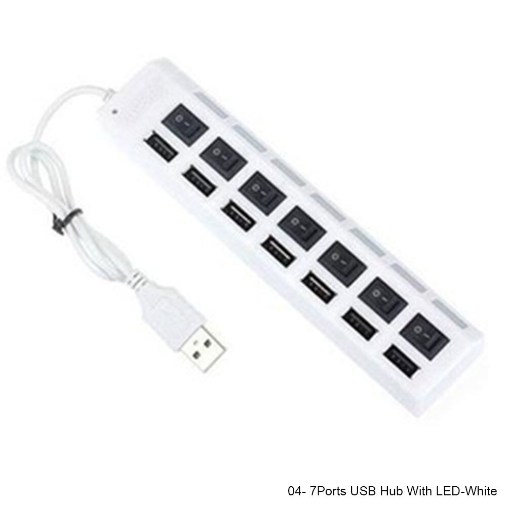 7 Poorten Usb Hub Led Usb 2.0 Adapter Hub High Speed Multi-Poort Socket Ingeschakeld/Uit Schakelaar opladen Poort Splitter Voor Pc Laptop: 7Ports LED White