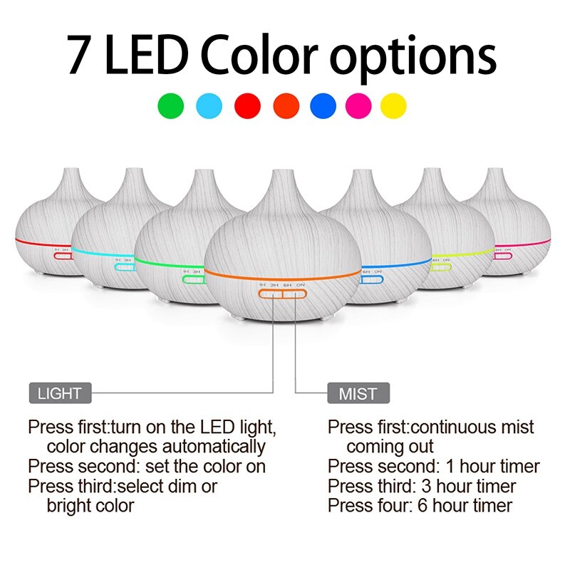 400Ml Ultrasonic Electric Air Humidifier Aroma Oil Diffuser White Wood Grain 7 Colors Led Lights for Home