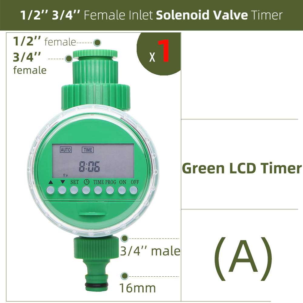 Garden Watering Timer Rain Sensor Solar LCD Double Dial Controller Watering Irrigation 1/2'' 3/4'' Tap Joint Solenoid Ball Valve: A-1PC