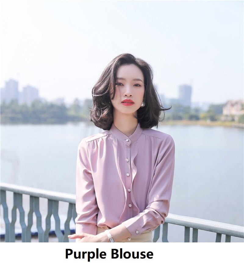 Pink chiffon bluser skjorter lange ærmer til kvinder forår sommer kontor arbejdstøj bluse afslappet ol styles toppe tøj: Lyserød / 4xl