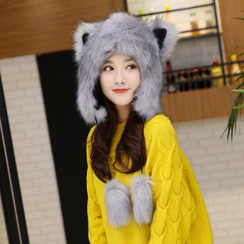 Las mujeres de invierno suaves peludos trampero sombrero lindo orejas de gato peludo Animal de la felpa con orejeras a prueba de viento orejera térmica