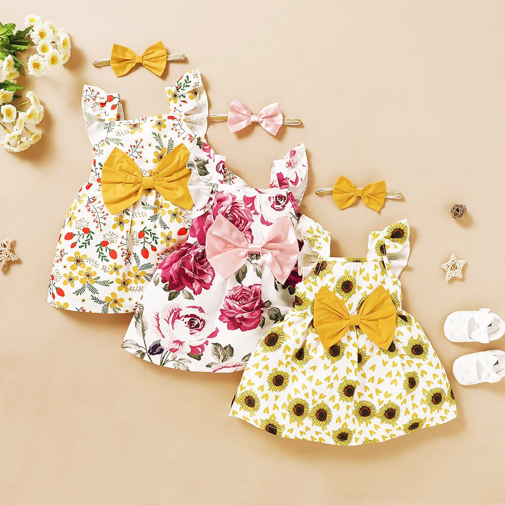 Sunflower Girls Summer Clothes Sets Fly Sleeve Floral Print Dress+headbands 2pcs Dress Party Girls Dresses Children Clothing