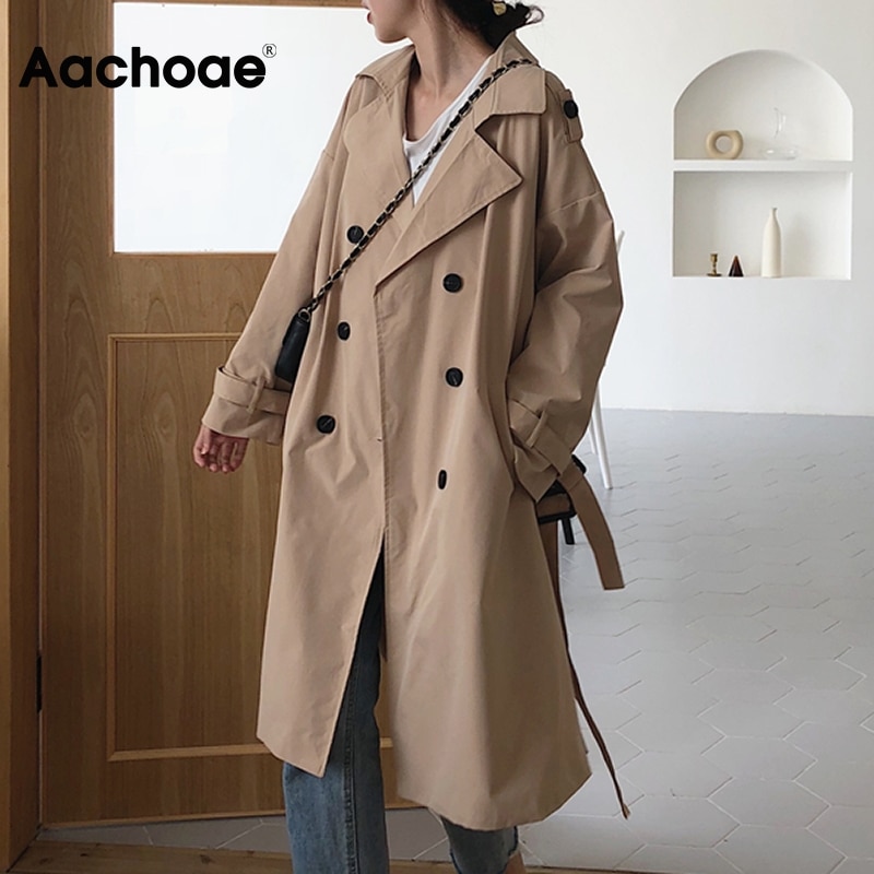 Aachoae Office Solid Trench Coat Women Batwing Long Sleeve Loose Lady Long Coat With Belt Casual Wide Waisted Trench