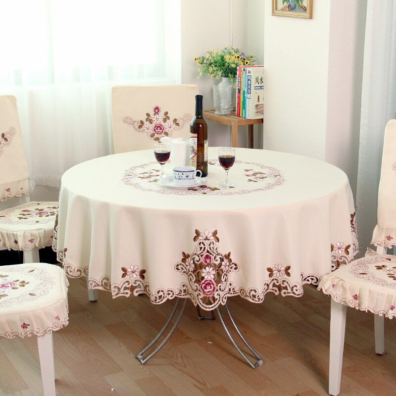 European-style Embroidered Round Table Round Tablecloth Household Hollow Pastoral Tablecloth Chair Cushion Chair Cover Set