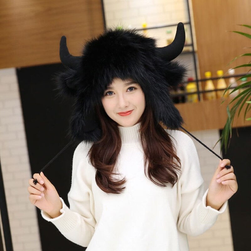 Women Men Winter Furry Plush Snow Trapper Hat Cute Ox Horns Deer Antlers Fluffy Animal Cap with Ear Flap Cosplay Earmuff